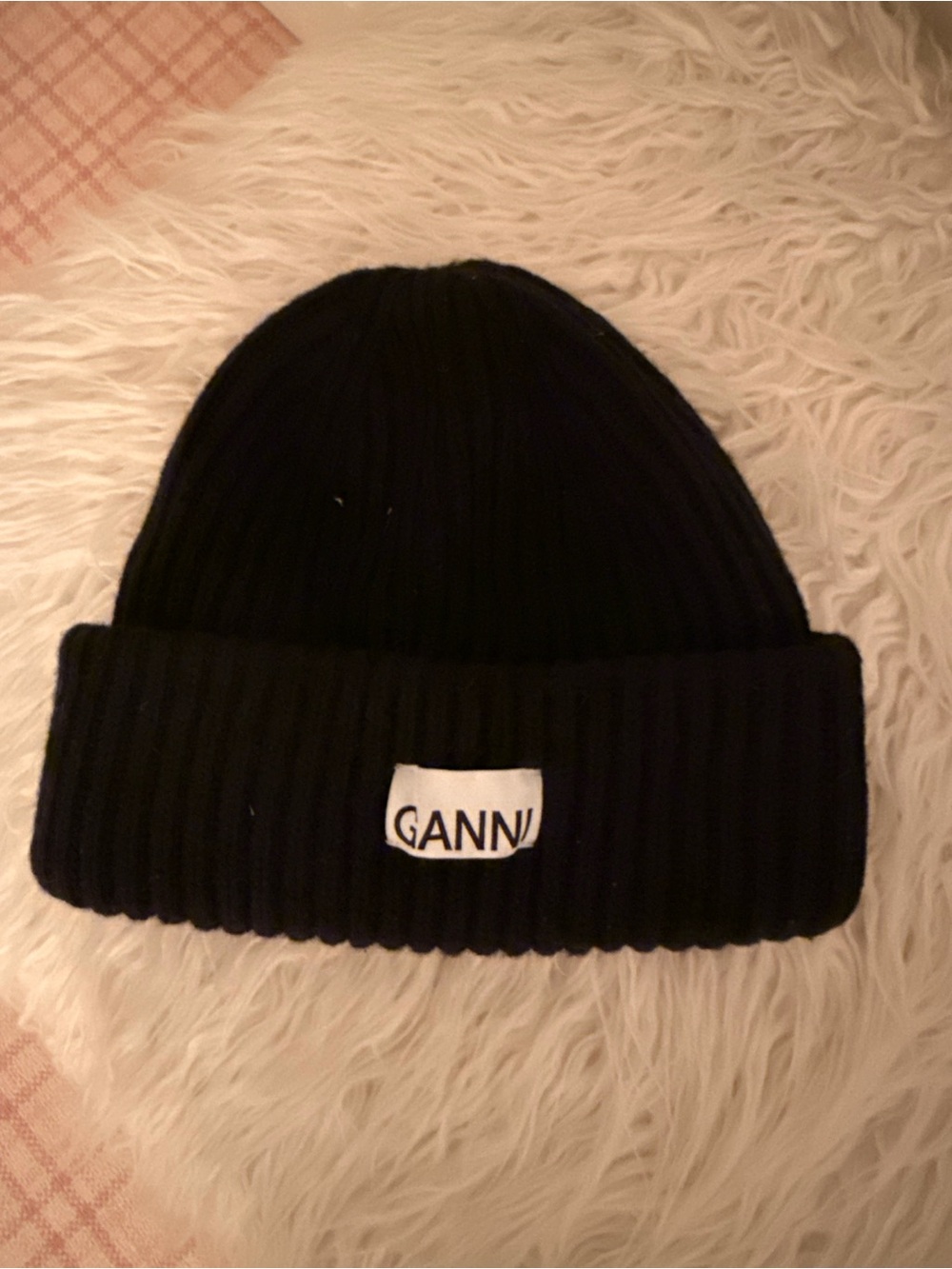 Ganni Black Ribbed Cuff Beanie with Logo Patch